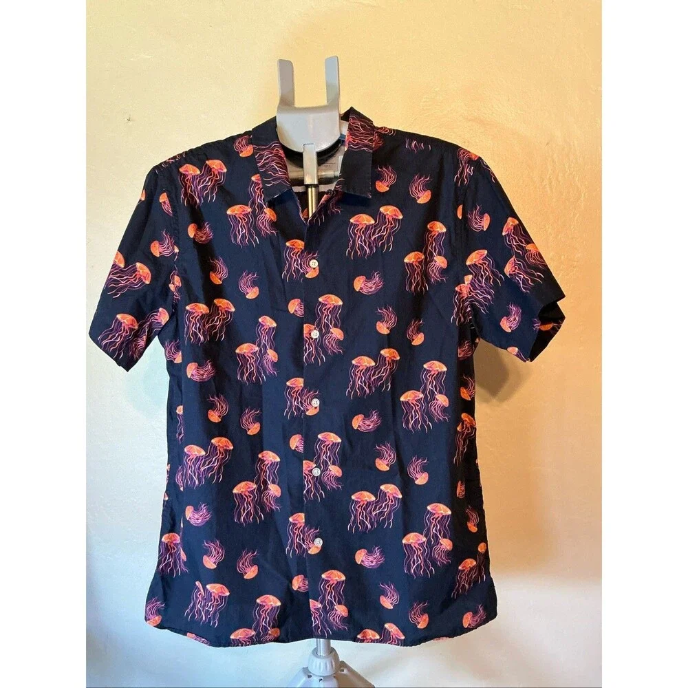 Men’s Banana Republic Slim Fit Poplin Button Short Shirt Navy Jellyfish L Cotton